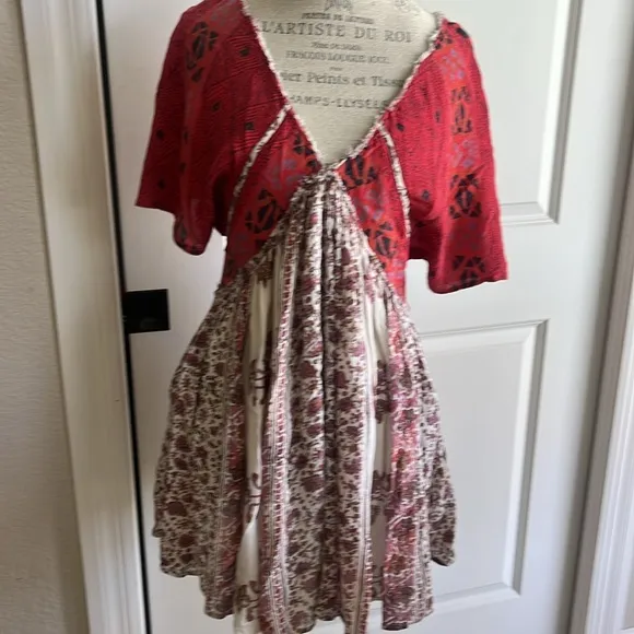 Free People Wild World boho deep V gauze flowy red cream pattern mini dress XS