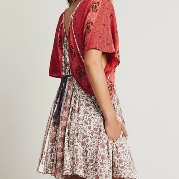 Free People Wild World boho deep V gauze flowy red cream pattern mini dress XS