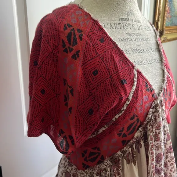 Free People Wild World boho deep V gauze flowy red cream pattern mini dress XS