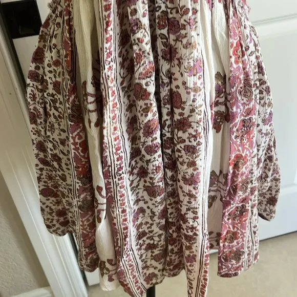 Free People Wild World boho deep V gauze flowy red cream pattern mini dress XS