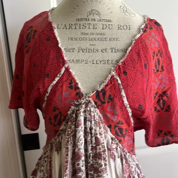 Free People Wild World boho deep V gauze flowy red cream pattern mini dress XS