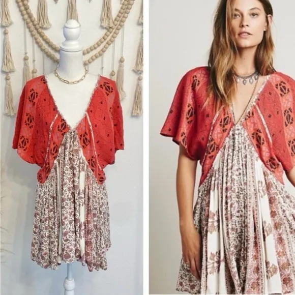 Free People Wild World boho deep V gauze flowy red cream pattern mini dress XS
