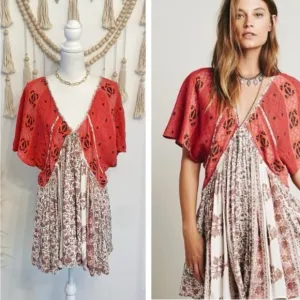 Free People Wild World boho deep V gauze flowy red cream pattern mini dress XS