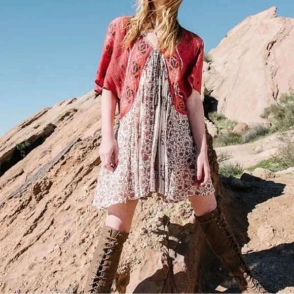 Free People Wild World boho deep V gauze flowy red cream pattern mini dress XS