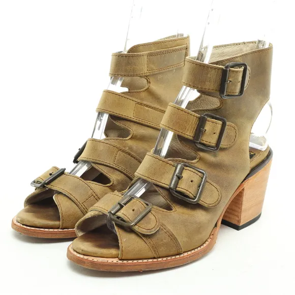 Freebird Quail 4 Buckle Strappy Block Heeled Leather Sandals Women‘s 7 Brown