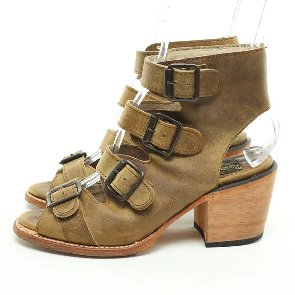 Freebird Quail 4 Buckle Strappy Block Heeled Leather Sandals Women‘s 7 Brown