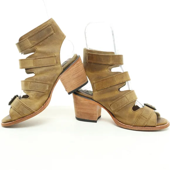 Freebird Quail 4 Buckle Strappy Block Heeled Leather Sandals Women‘s 7 Brown