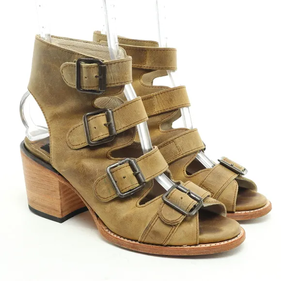 Freebird Quail 4 Buckle Strappy Block Heeled Leather Sandals Women‘s 7 Brown