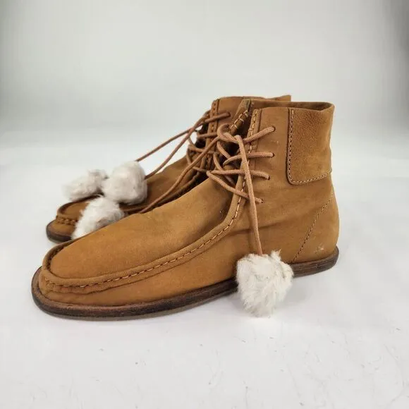 Free People Lace Up Pom Pom Desert Boots US 8.5 Brown Leather Chukka Boot