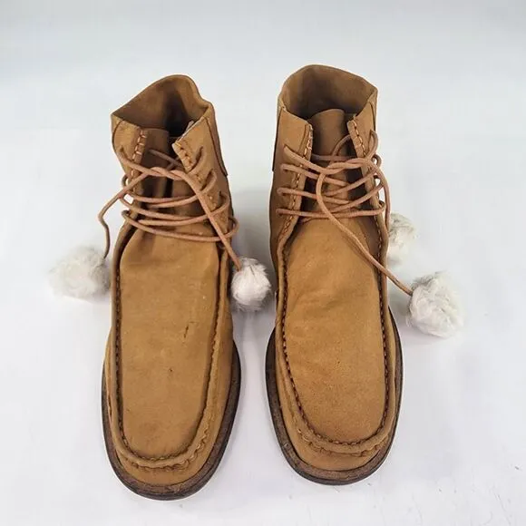 Free People Lace Up Pom Pom Desert Boots US 8.5 Brown Leather Chukka Boot