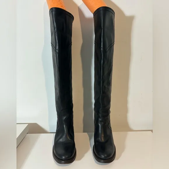 Frye 7B Leather Tall Over Knee Cuff Black Jane Style 77596 Riding Boots Casual