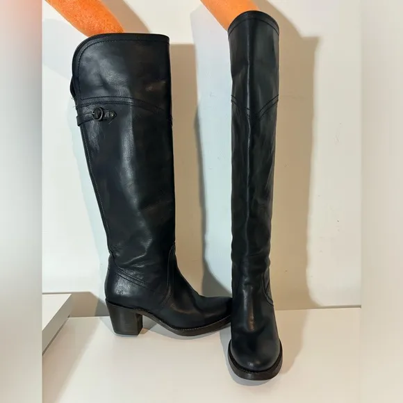 Frye 7B Leather Tall Over Knee Cuff Black Jane Style 77596 Riding Boots Casual