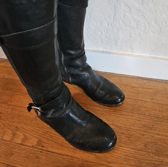 Frye Anna Gore Tall Riding Boots Womens Size 7.5M Black Buffalo Leather Knee Hig