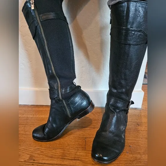 Frye Anna Gore Tall Riding Boots Womens Size 7.5M Black Buffalo Leather Knee Hig