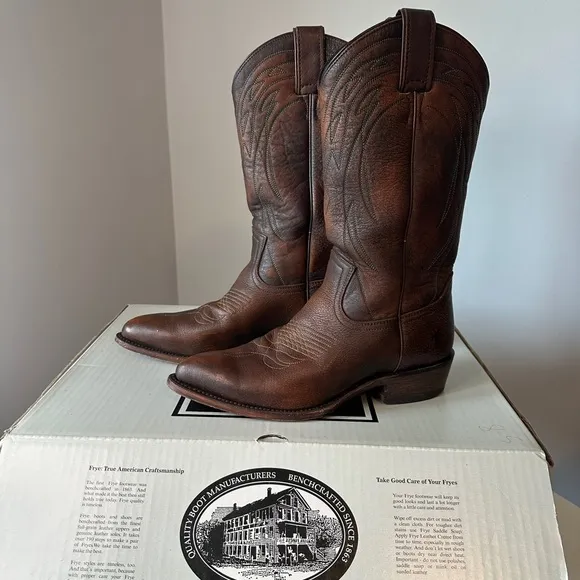 Frye Billy Pull On Deco Stitch Brown Leather Cowboy Boots Womens 8 NWT