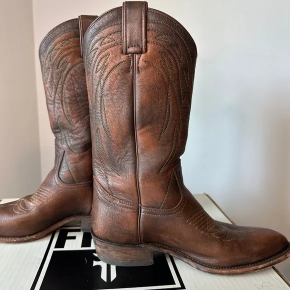 Frye Billy Pull On Deco Stitch Brown Leather Cowboy Boots Womens 8 NWT