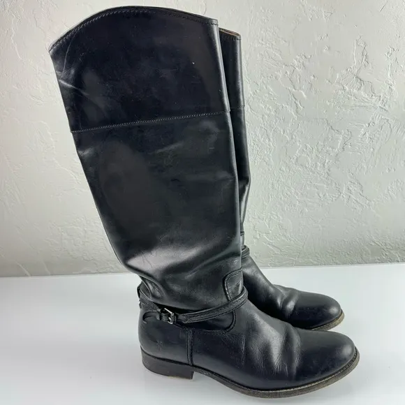 Frye Boots The Melissa‎ Tall Riding Solid Black Genuine Leather Buckle Harness
