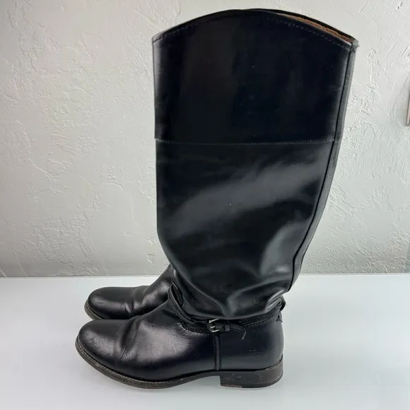 Frye Boots The Melissa‎ Tall Riding Solid Black Genuine Leather Buckle Harness