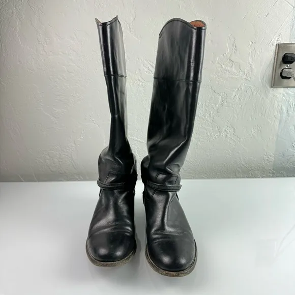 Frye Boots The Melissa‎ Tall Riding Solid Black Genuine Leather Buckle Harness