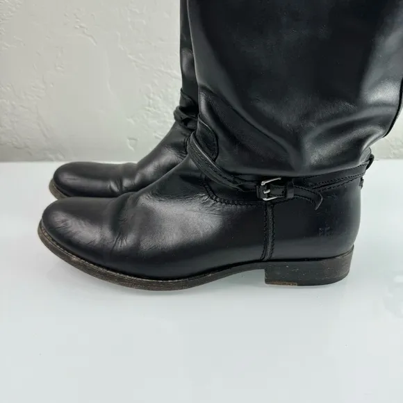 Frye Boots The Melissa‎ Tall Riding Solid Black Genuine Leather Buckle Harness