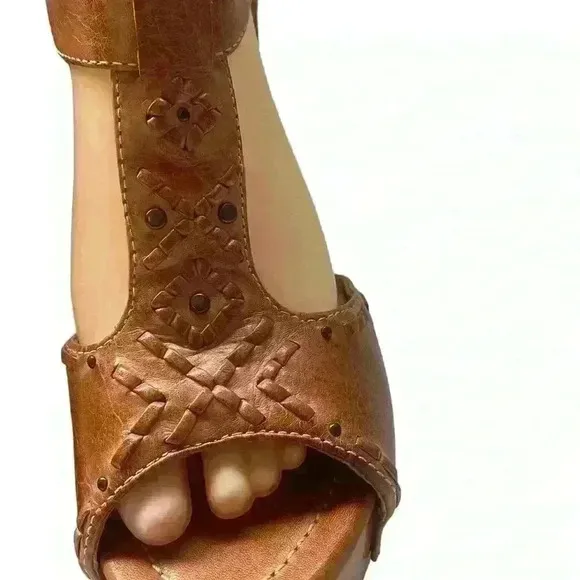 FRYE Fran X Stich Women Platform Brown Leather Wooden Heels Sandals Size 8.5 M