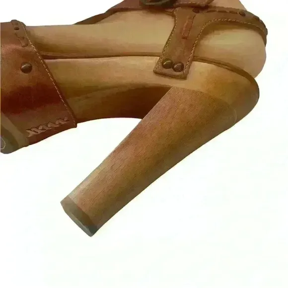 FRYE Fran X Stich Women Platform Brown Leather Wooden Heels Sandals Size 8.5 M