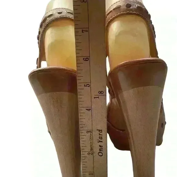 FRYE Fran X Stich Women Platform Brown Leather Wooden Heels Sandals Size 8.5 M