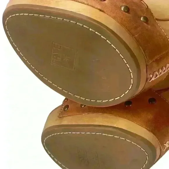 FRYE Fran X Stich Women Platform Brown Leather Wooden Heels Sandals Size 8.5 M