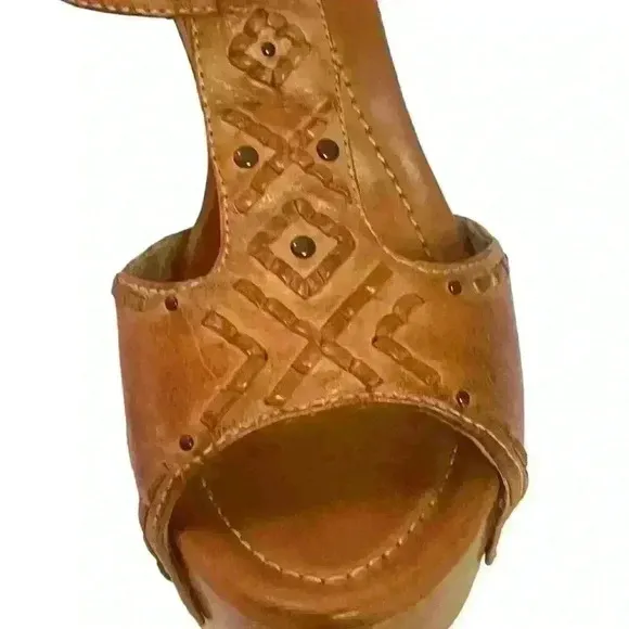 FRYE Fran X Stich Women Platform Brown Leather Wooden Heels Sandals Size 8.5 M