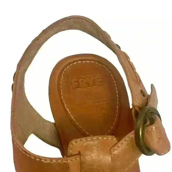 FRYE Fran X Stich Women Platform Brown Leather Wooden Heels Sandals Size 8.5 M