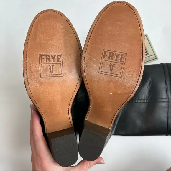 Frye Jane Boots 8.5 B Black Leather Knee High Tall Brown Heel Riding