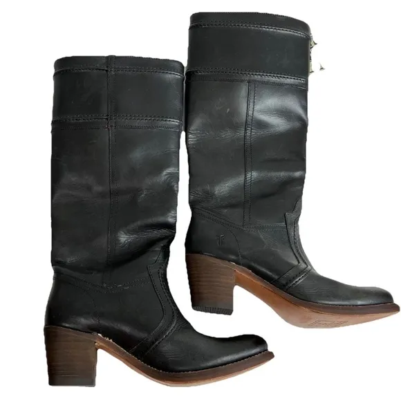 Frye Jane Boots 8.5 B Black Leather Knee High Tall Brown Heel Riding
