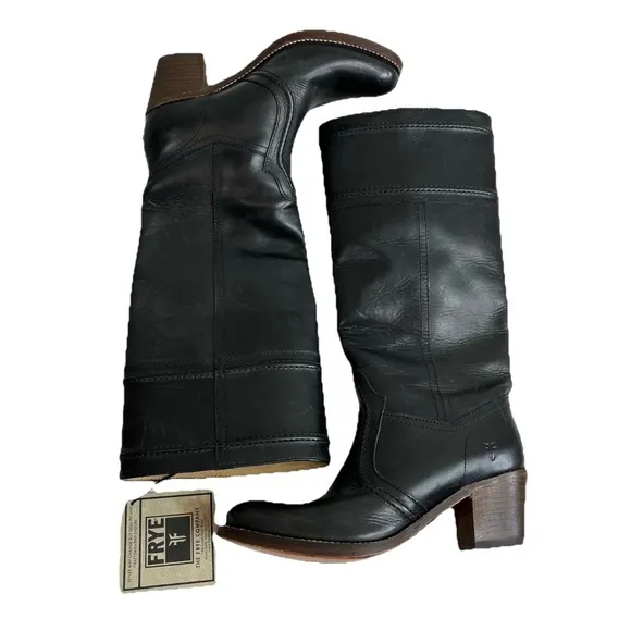 Frye Jane Boots 8.5 B Black Leather Knee High Tall Brown Heel Riding