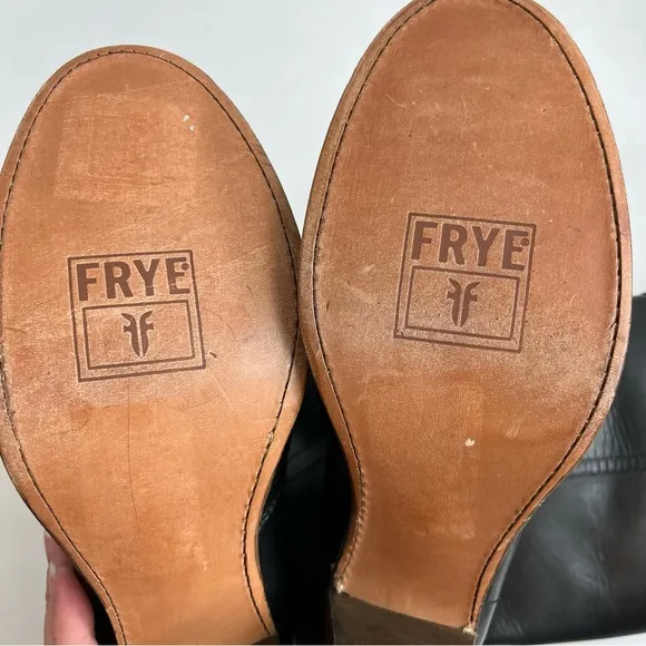 Frye Jane Boots 8.5 B Black Leather Knee High Tall Brown Heel Riding