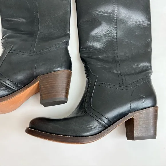Frye Jane Boots 8.5 B Black Leather Knee High Tall Brown Heel Riding