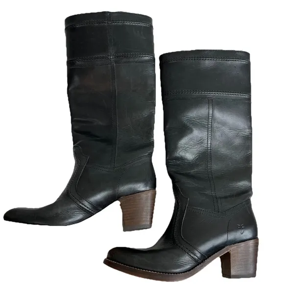 Frye Jane Boots 8.5 B Black Leather Knee High Tall Brown Heel Riding