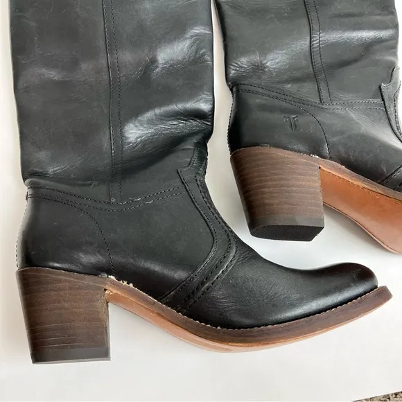Frye Jane Boots 8.5 B Black Leather Knee High Tall Brown Heel Riding