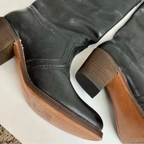 Frye Jane Boots 8.5 B Black Leather Knee High Tall Brown Heel Riding