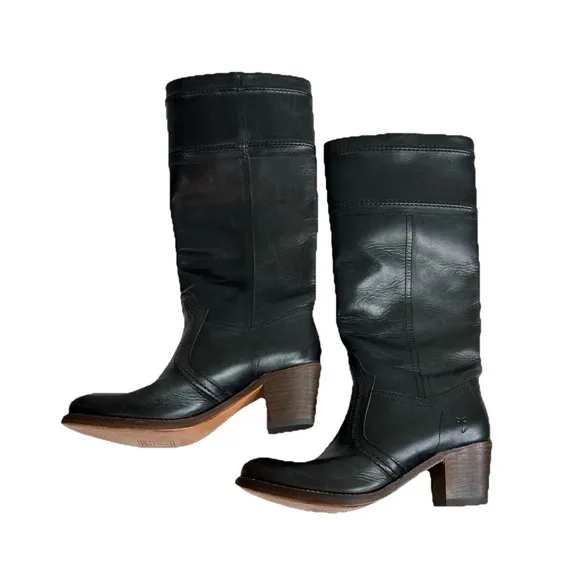 Frye Jane Boots 8.5 B Black Leather Knee High Tall Brown Heel Riding