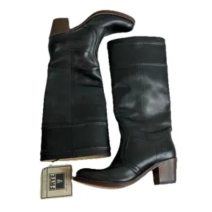 Frye Jane Boots 8.5 B Black Leather Knee High Tall Brown Heel Riding