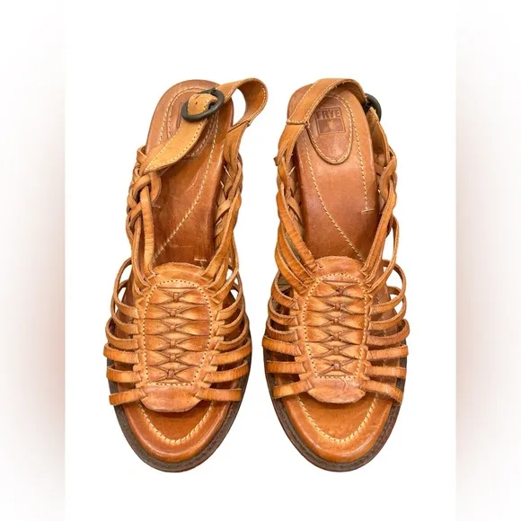 FRYE‎ JOY Brown Huarache Leather Designer Platform Strappy Sandals 9.5 B