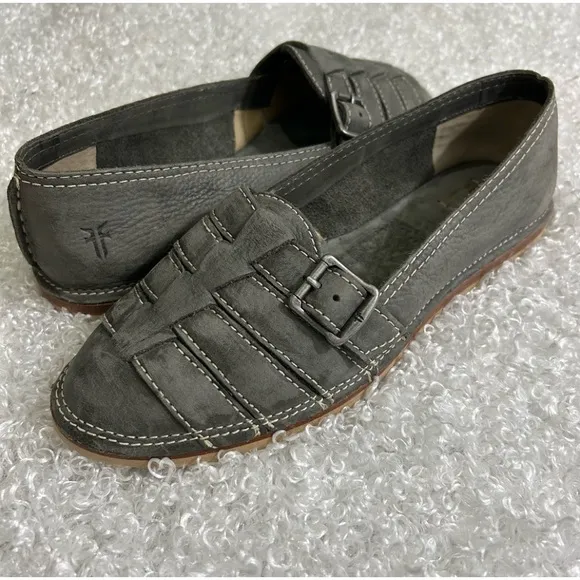 Frye Ladies Size 7 Gray Suede Buckle loafers
