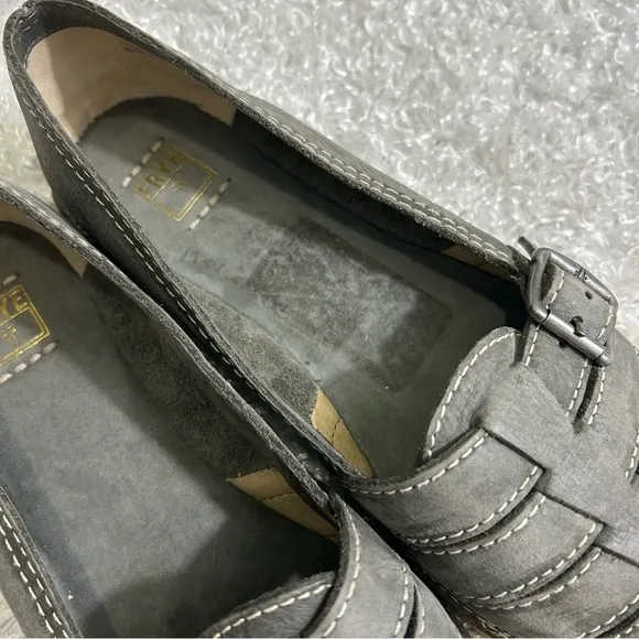 Frye Ladies Size 7 Gray Suede Buckle loafers