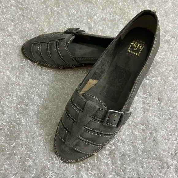 Frye Ladies Size 7 Gray Suede Buckle loafers