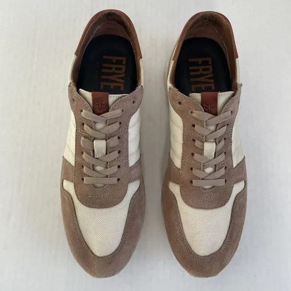 Frye Ludlow Runner Mens Cream &amp; Brown Canvas Leather Sneakers Size US 9.5 42-43