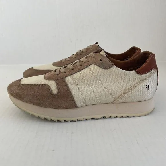 Frye Ludlow Runner Mens Cream &amp; Brown Canvas Leather Sneakers Size US 9.5 42-43