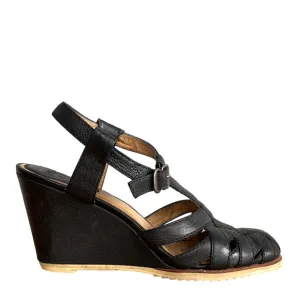 Frye Maye Vintage Ankle Buckle Black Leather Wedge Sandals with T-Strap