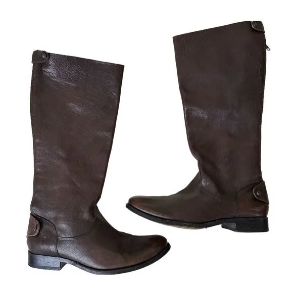 FRYE Melissa Button Back Zip Brown Leather Tall Riding Boots