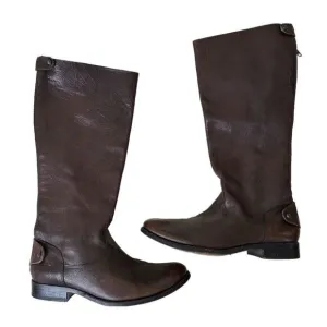 FRYE Melissa Button Back Zip Brown Leather Tall Riding Boots