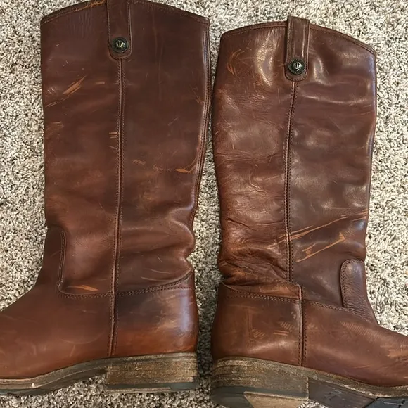 Frye Melissa Button Lug Brown Leather Tall Riding Boots